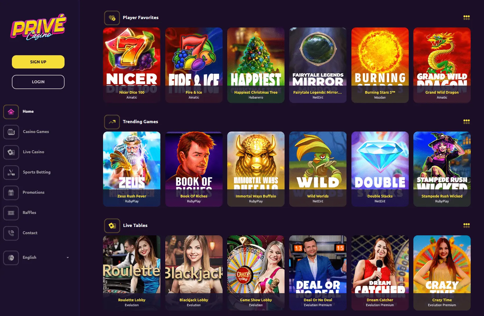 Prive Casino Homepage